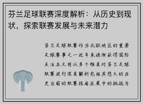 芬兰足球联赛深度解析：从历史到现状，探索联赛发展与未来潜力