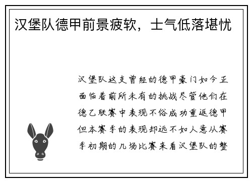 汉堡队德甲前景疲软，士气低落堪忧