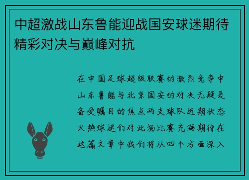 中超激战山东鲁能迎战国安球迷期待精彩对决与巅峰对抗
