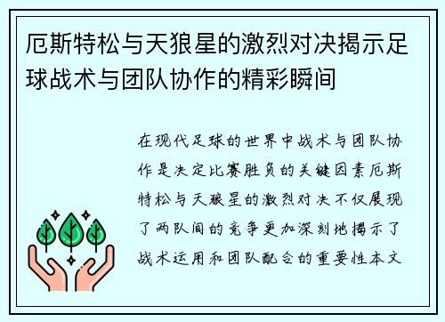 厄斯特松与天狼星的激烈对决揭示足球战术与团队协作的精彩瞬间