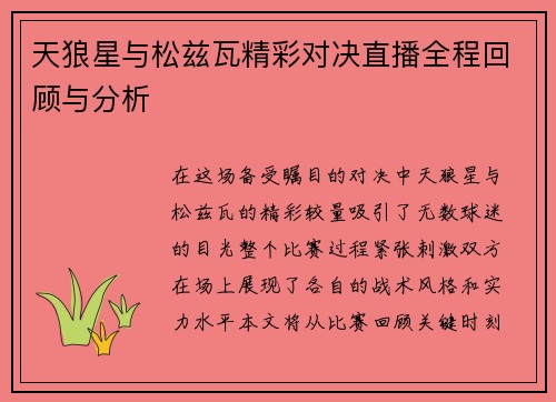 天狼星与松兹瓦精彩对决直播全程回顾与分析